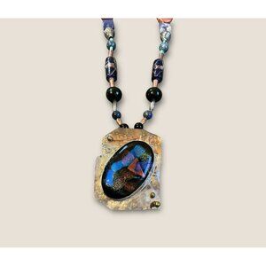 Handmade  Sterling Mixed Media Beaded Necklace With Dichroic Glass & Stone Penda